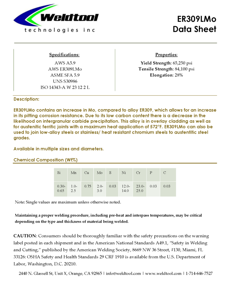 ER309LMo stainless steel data sheet