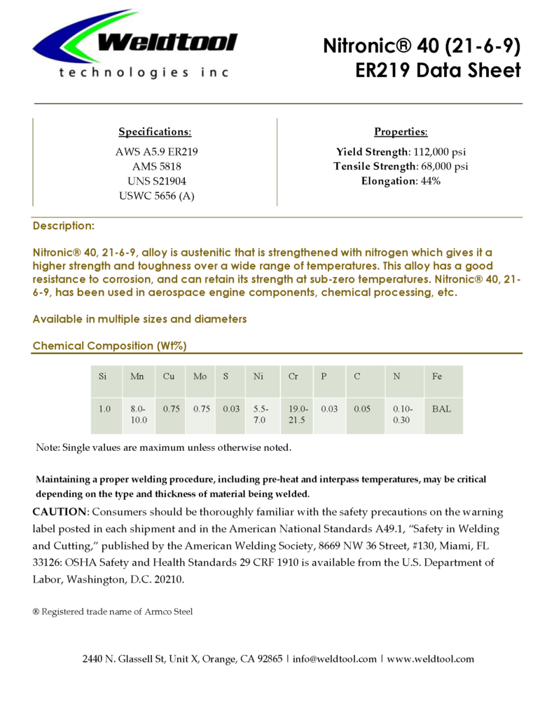 Nitronic 40 21-6-9 er219 stainless steel data sheet