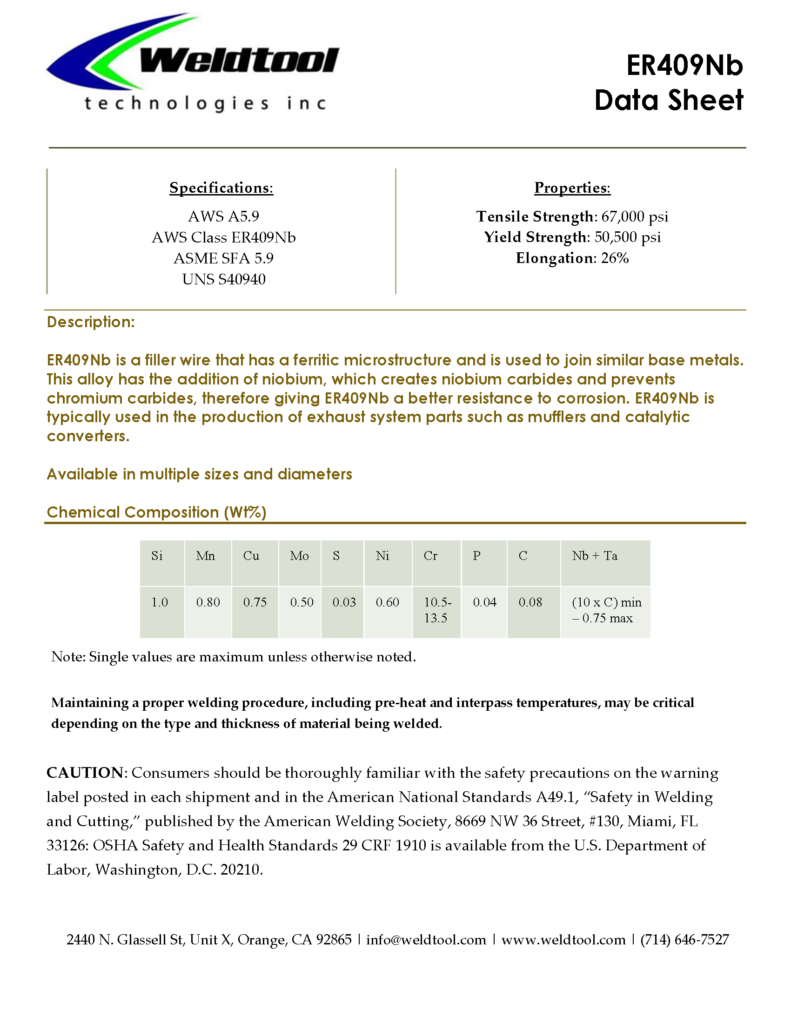 ER409Nb stainless steel data sheet